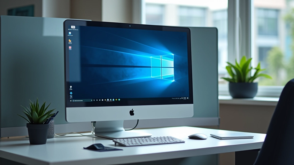 Computador desktop moderno com monitor limpo mostrando sistema Windows otimizado