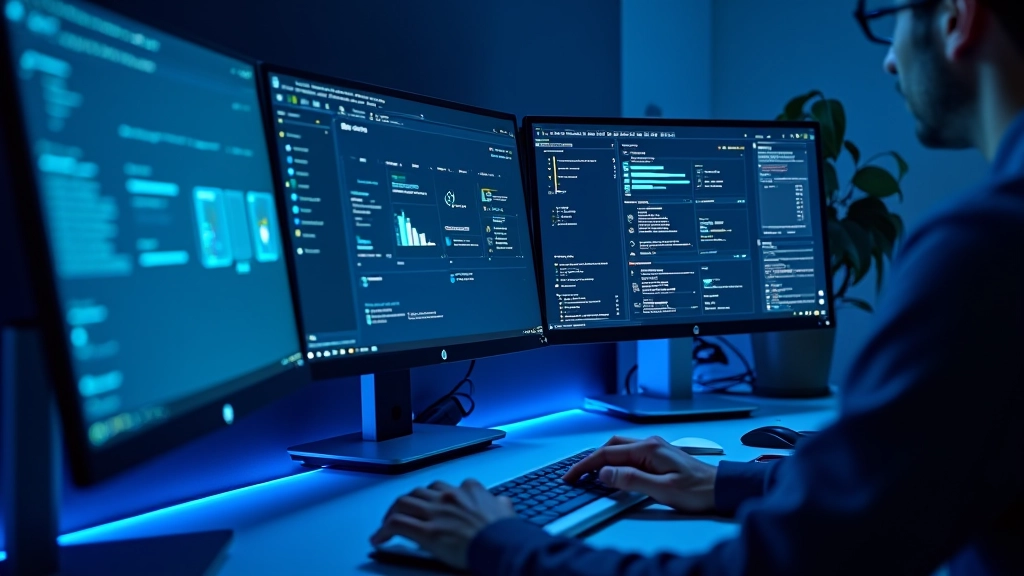 Computador desktop profissional com monitores mostrando gráficos de performance do sistema