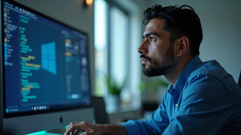 Técnico em computador analisando tela de diagnóstico do Windows, postura profissional, ambiente de trabalho limpo, foco nítido no monitor