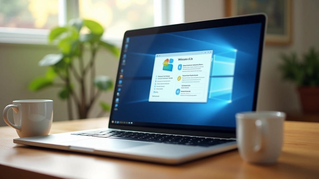 Computador laptop com tela mostrando sistema otimizado, café ao lado, ambiente workspace minimalista, foco nítido, iluminação natural