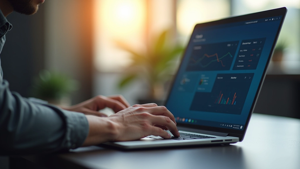 Mãos digitando em teclado com otimização de sistema em progresso